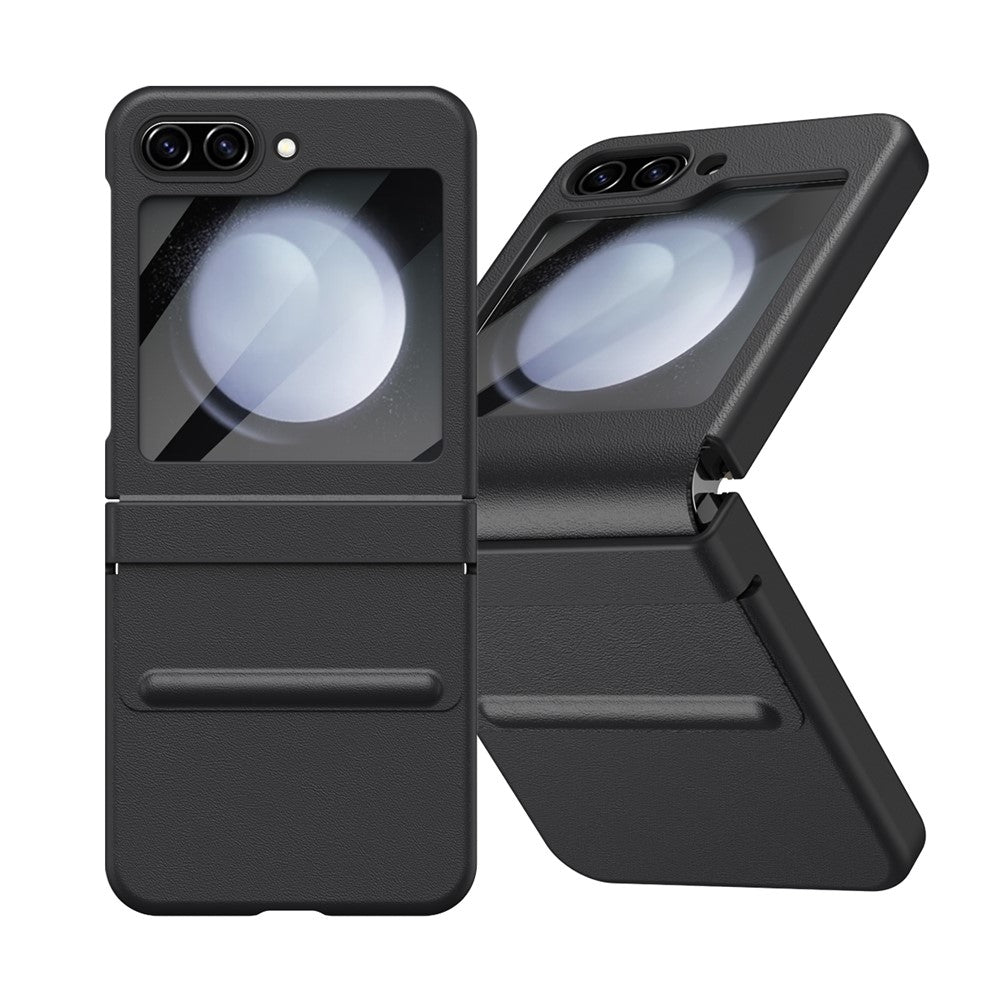 For Samsung Galaxy Z Flip7 FE 5G / Flip6 5G Case Hinge Leather + PC Phone Cover with Tempered Glass Film - Black