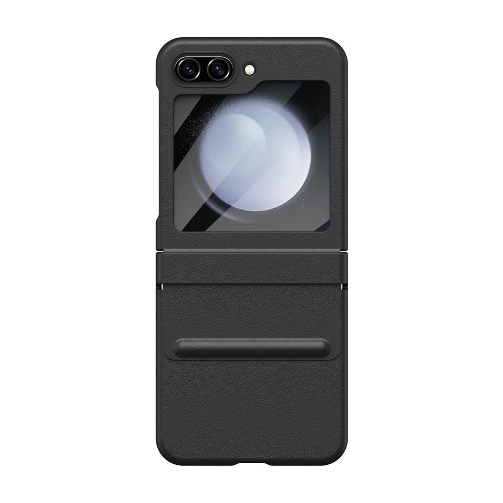 For Samsung Galaxy Z Flip7 FE 5G / Flip6 5G Case Hinge Leather + PC Phone Cover with Tempered Glass Film - Black