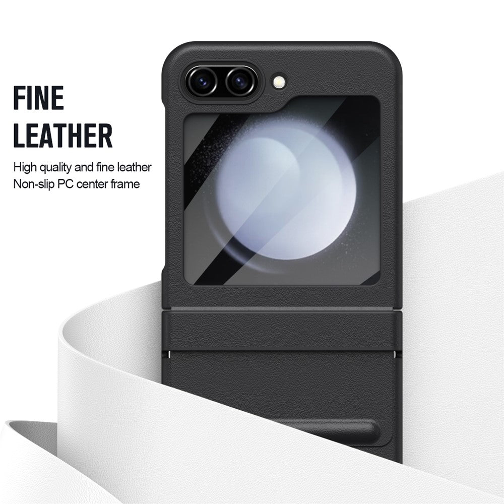 For Samsung Galaxy Z Flip7 FE 5G / Flip6 5G Case Hinge Leather + PC Phone Cover with Tempered Glass Film - Black