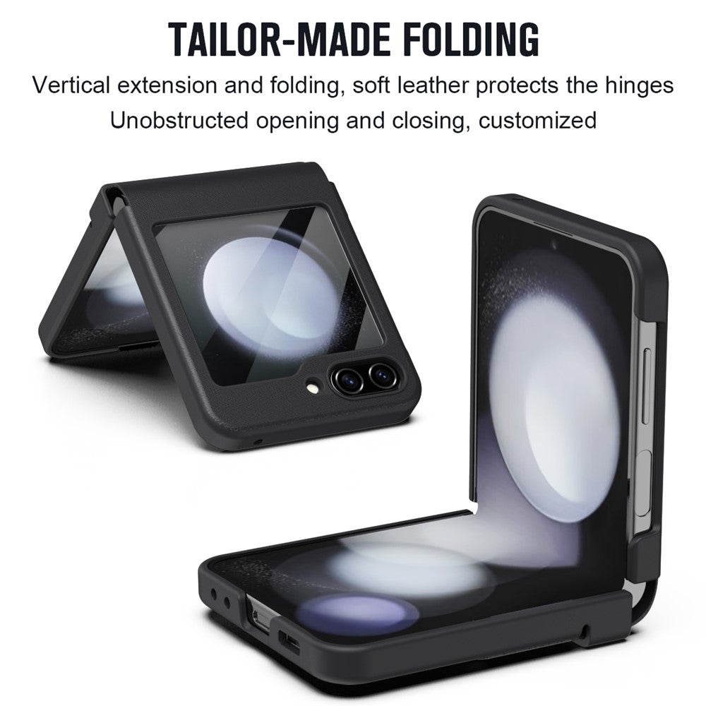 For Samsung Galaxy Z Flip7 FE 5G / Flip6 5G Case Hinge Leather + PC Phone Cover with Tempered Glass Film - Black