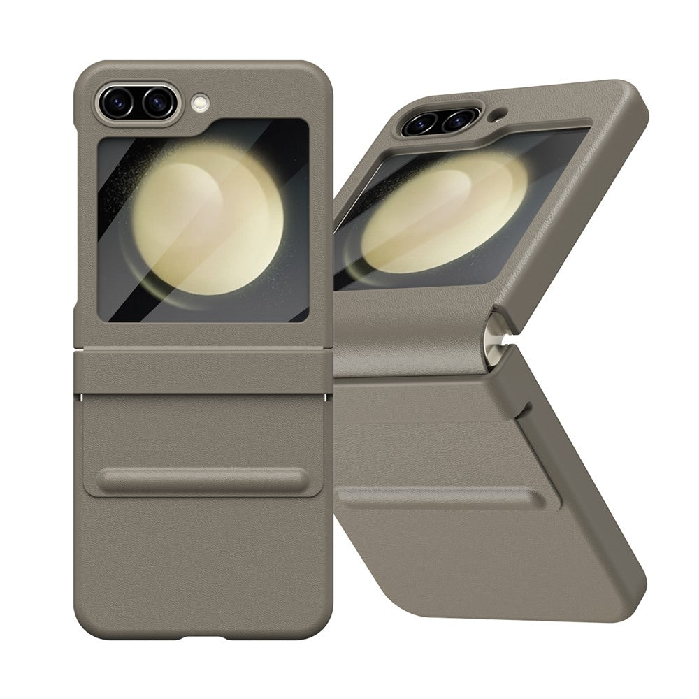 For Samsung Galaxy Z Flip7 FE 5G  /  Flip6 5G Case Hinge Leather + PC Phone Cover with Tempered Glass Film - Light Coffee