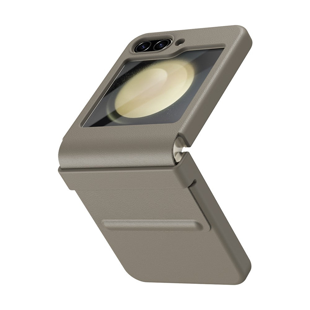 For Samsung Galaxy Z Flip7 FE 5G  /  Flip6 5G Case Hinge Leather + PC Phone Cover with Tempered Glass Film - Light Coffee