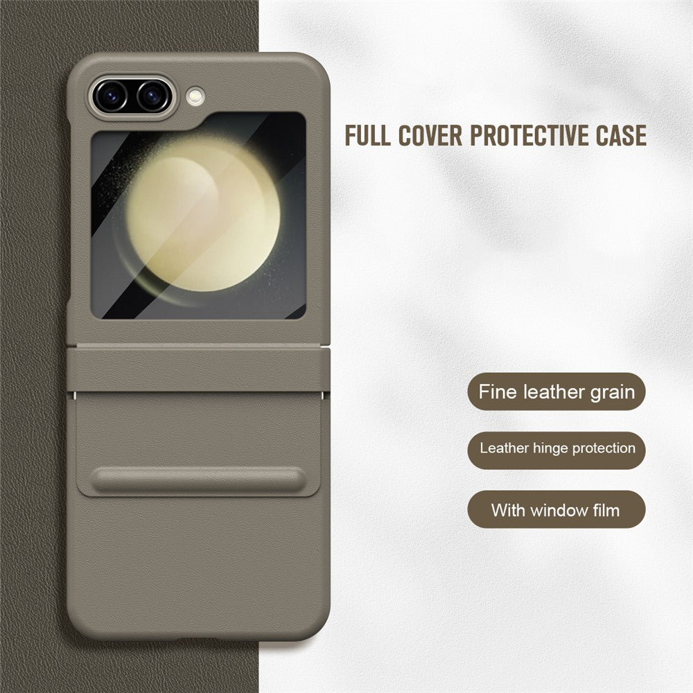 For Samsung Galaxy Z Flip7 FE 5G  /  Flip6 5G Case Hinge Leather + PC Phone Cover with Tempered Glass Film - Light Coffee