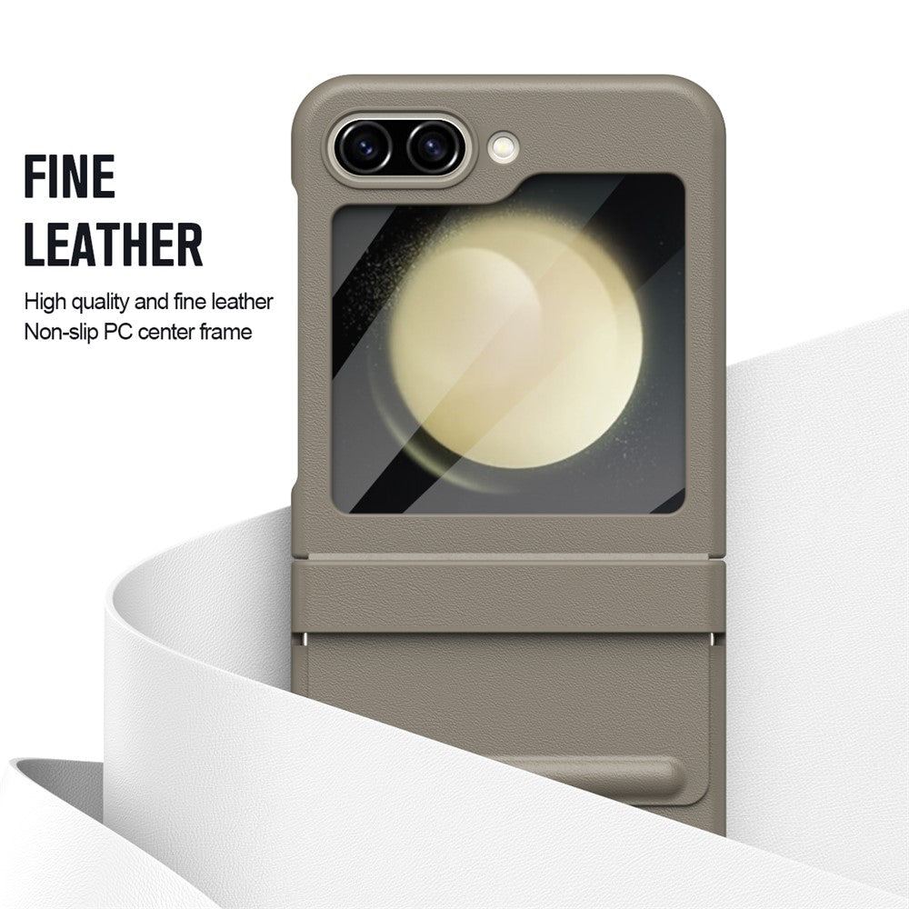For Samsung Galaxy Z Flip7 FE 5G  /  Flip6 5G Case Hinge Leather + PC Phone Cover with Tempered Glass Film - Light Coffee