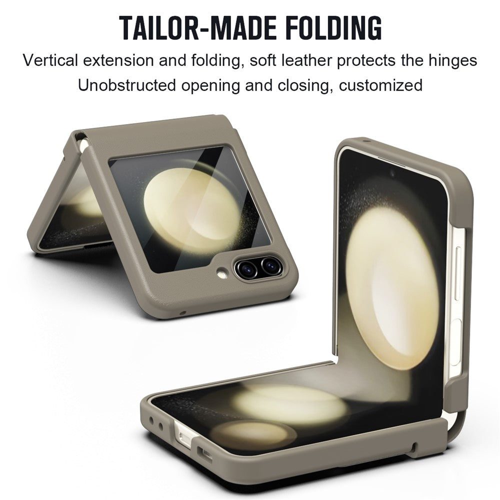 For Samsung Galaxy Z Flip7 FE 5G  /  Flip6 5G Case Hinge Leather + PC Phone Cover with Tempered Glass Film - Light Coffee