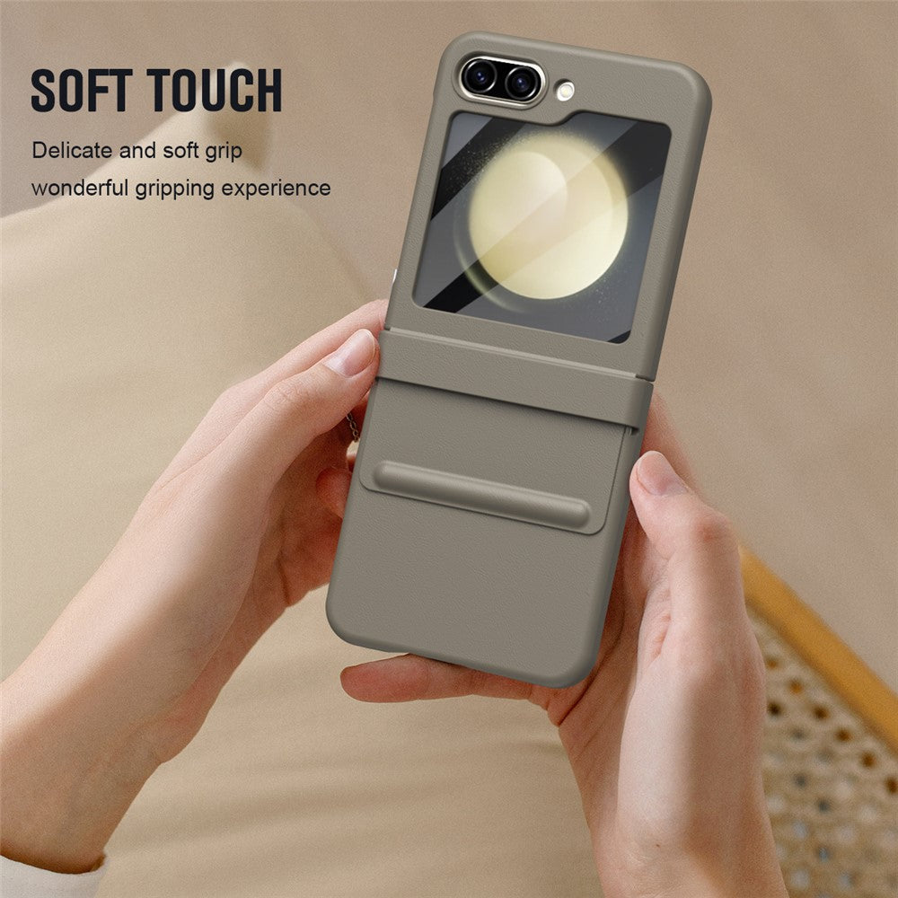 For Samsung Galaxy Z Flip7 FE 5G  /  Flip6 5G Case Hinge Leather + PC Phone Cover with Tempered Glass Film - Light Coffee