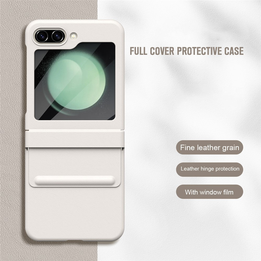 For Samsung Galaxy Z Flip7 FE 5G / Flip6 5G Case Hinge Leather + PC Phone Cover with Tempered Glass Film - White