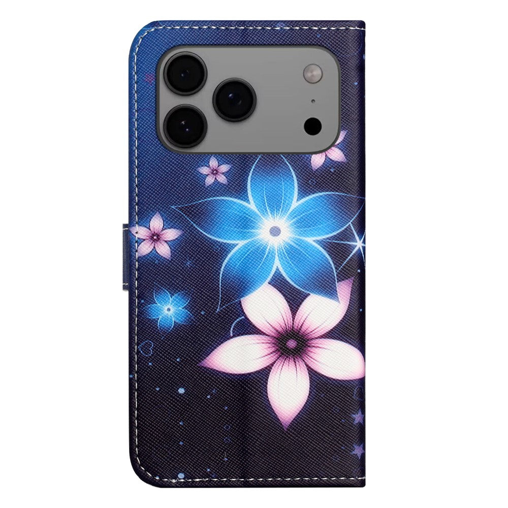 For iPhone 17 Pro Max Case Pattern Print PU Leather Wallet Phone Cover Cross Texture - Blue Flower