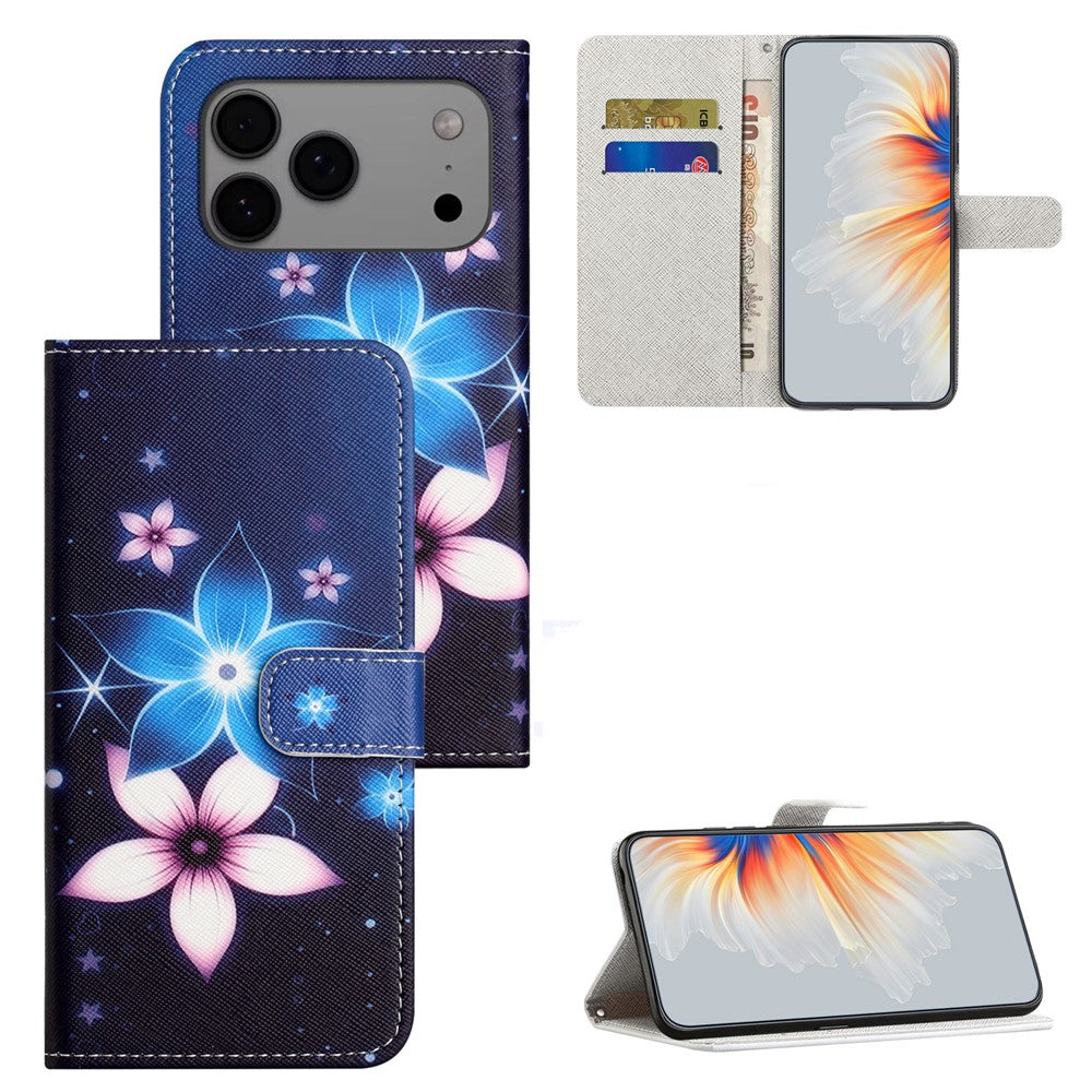 For iPhone 17 Pro Max Case Pattern Print PU Leather Wallet Phone Cover Cross Texture - Blue Flower