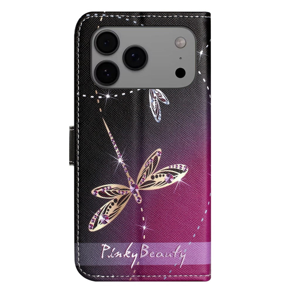 For iPhone 17 Pro Max Case Pattern Print PU Leather Wallet Phone Cover Cross Texture - Dragonfly