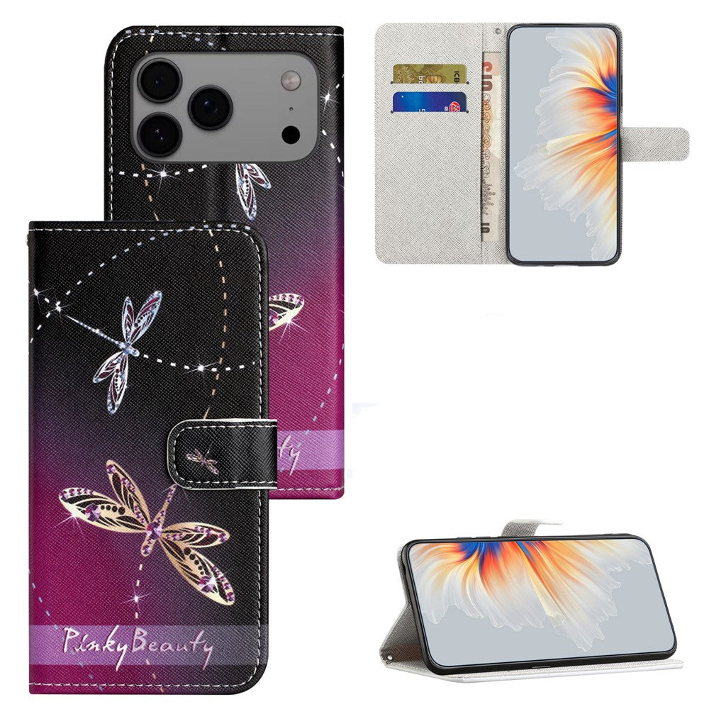 For iPhone 17 Pro Max Case Pattern Print PU Leather Wallet Phone Cover Cross Texture - Dragonfly