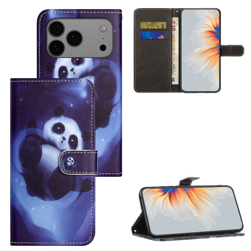 For iPhone 17 Pro Max Case Pattern Print PU Leather Wallet Phone Cover Cross Texture - Panda