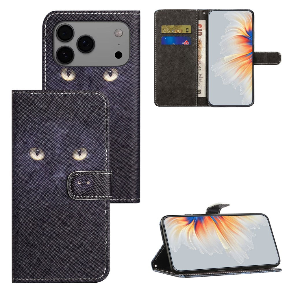 For iPhone 17 Pro Max Case Pattern Print PU Leather Wallet Phone Cover Cross Texture - Cat's Eye