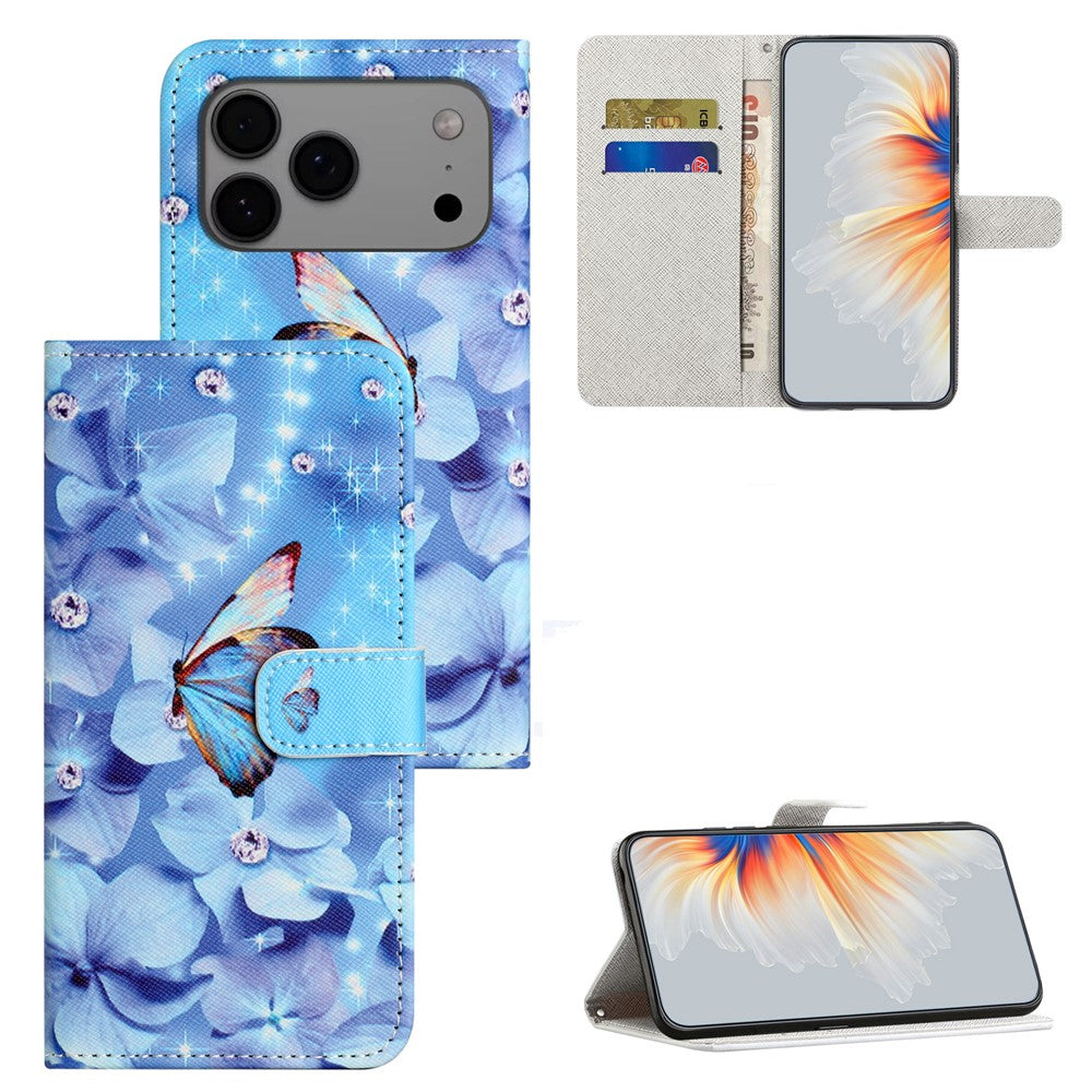For iPhone 17 Pro Max Case Pattern Print PU Leather Wallet Phone Cover Cross Texture - Flower and Butterfly