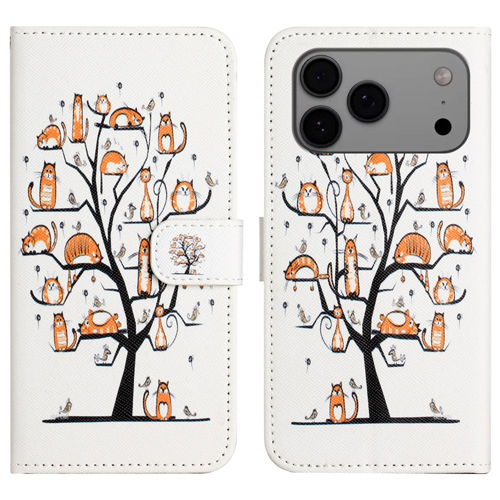 For iPhone 17 Pro Max Case Pattern Print PU Leather Wallet Phone Cover Cross Texture - Cat and Tree