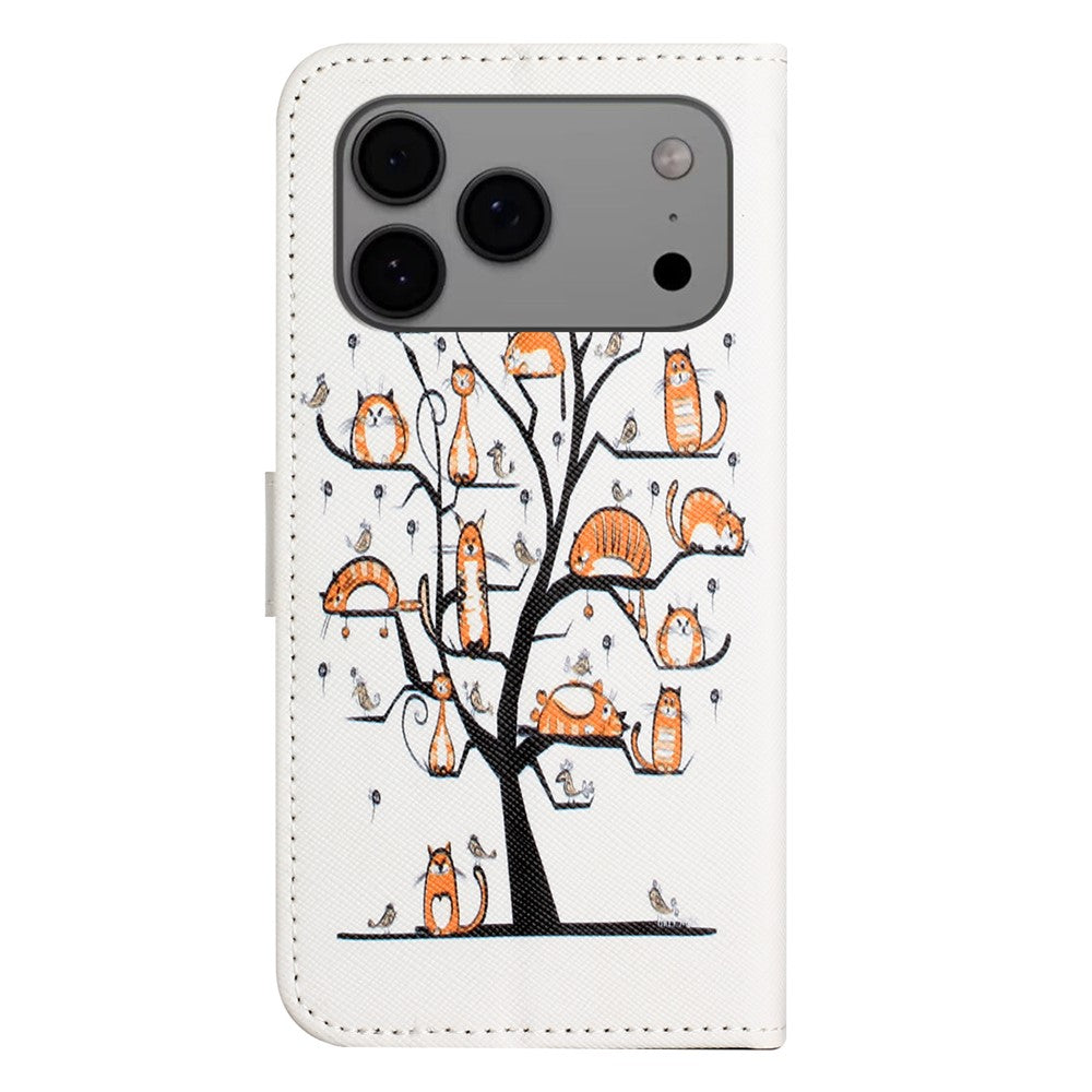 For iPhone 17 Pro Max Case Pattern Print PU Leather Wallet Phone Cover Cross Texture - Cat and Tree