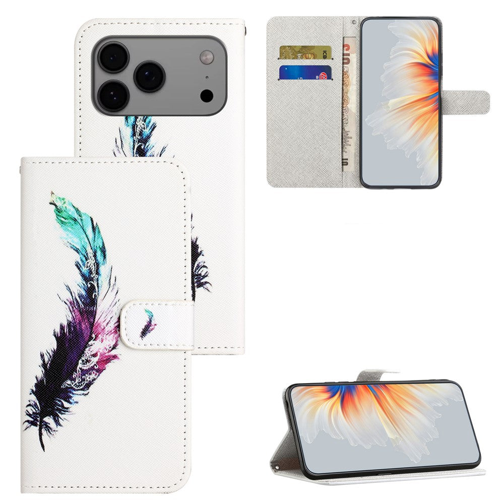 For iPhone 17 Pro Max Case Pattern Print PU Leather Wallet Phone Cover Cross Texture - Feather