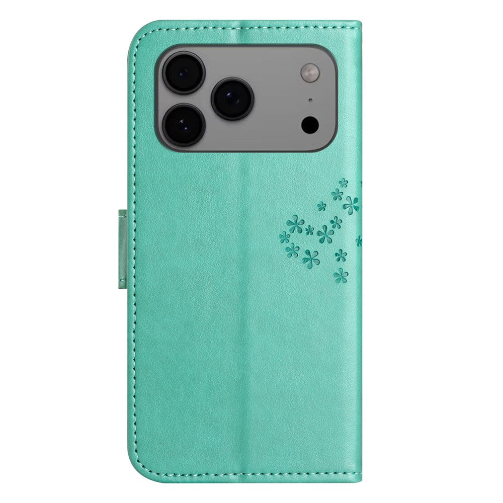 For iPhone 17 Pro Max Case PU Leather Owl Tree Imprinted Wallet Phone Cover with Strap - Cyan