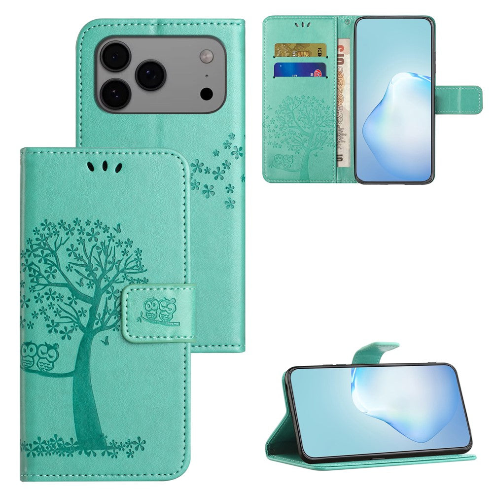 For iPhone 17 Pro Max Case PU Leather Owl Tree Imprinted Wallet Phone Cover with Strap - Cyan