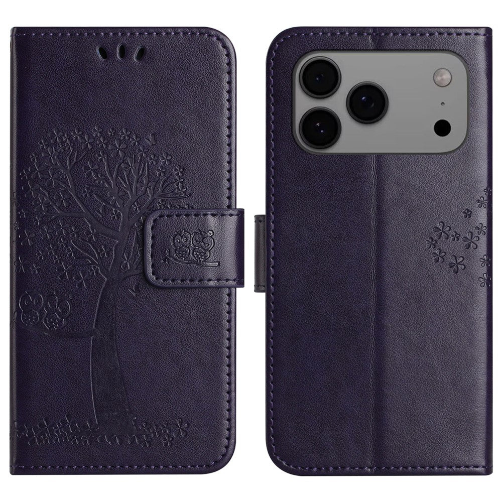 For iPhone 17 Pro Max Case PU Leather Owl Tree Imprinted Wallet Phone Cover with Strap - Dark Blue
