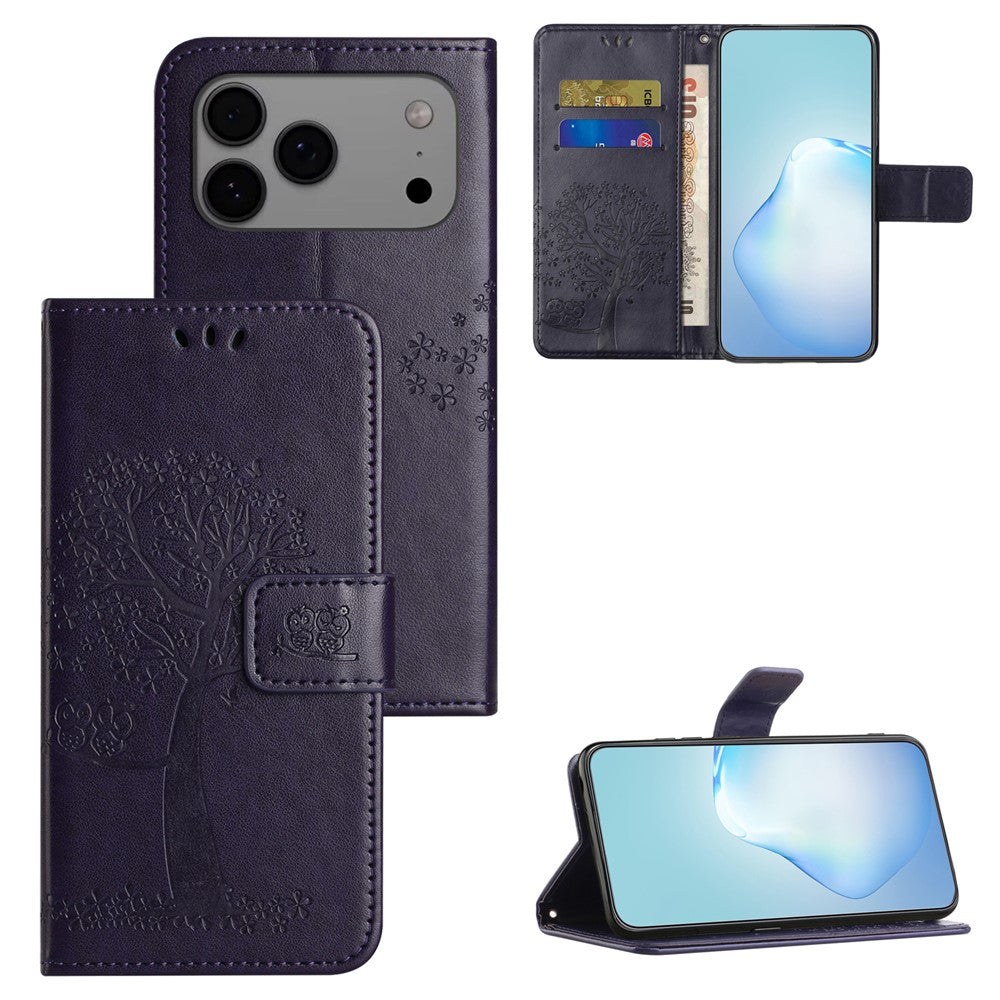 For iPhone 17 Pro Max Case PU Leather Owl Tree Imprinted Wallet Phone Cover with Strap - Dark Blue