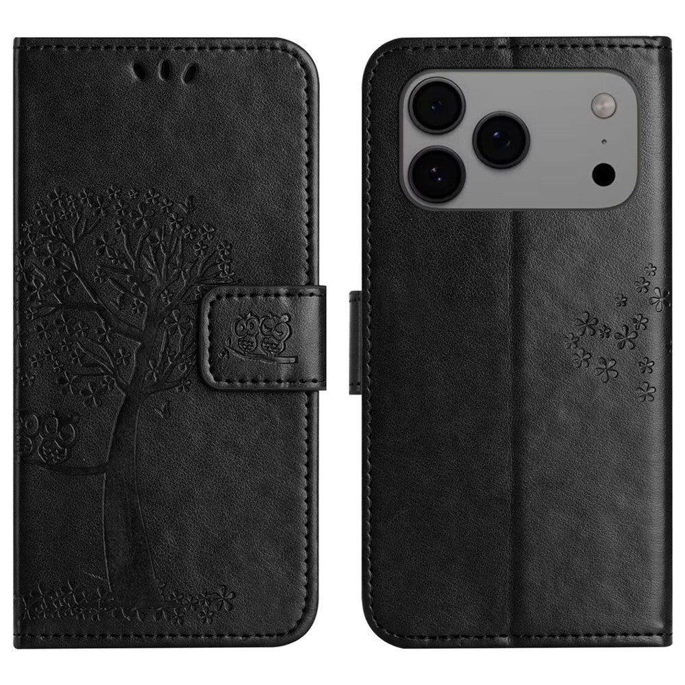 For iPhone 17 Pro Max Case PU Leather Owl Tree Imprinted Wallet Phone Cover with Strap - Black