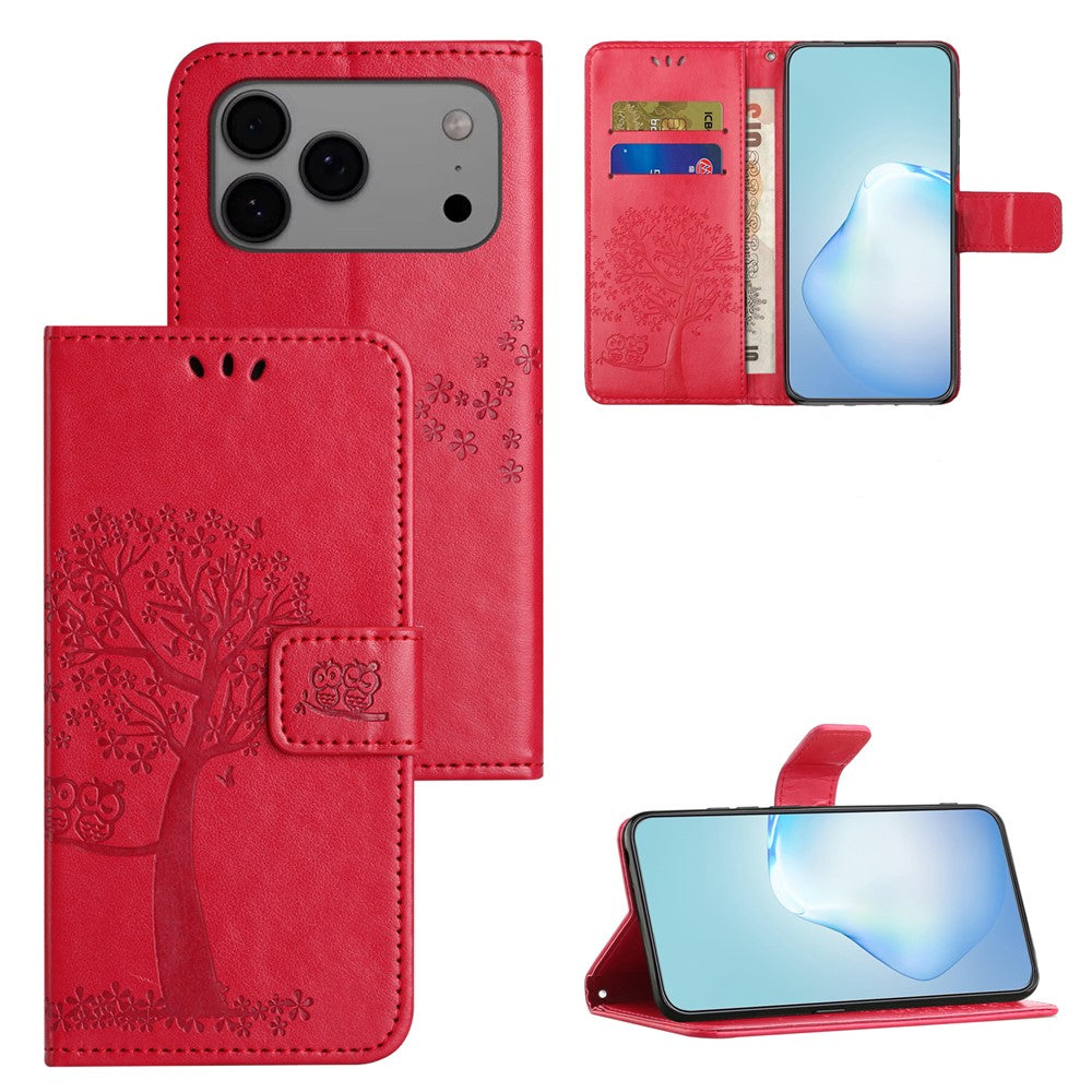 For iPhone 17 Pro Max Case PU Leather Owl Tree Imprinted Wallet Phone Cover with Strap - Red
