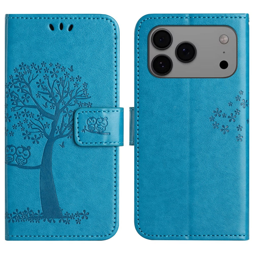 For iPhone 17 Pro Max Case PU Leather Owl Tree Imprinted Wallet Phone Cover with Strap - Blue