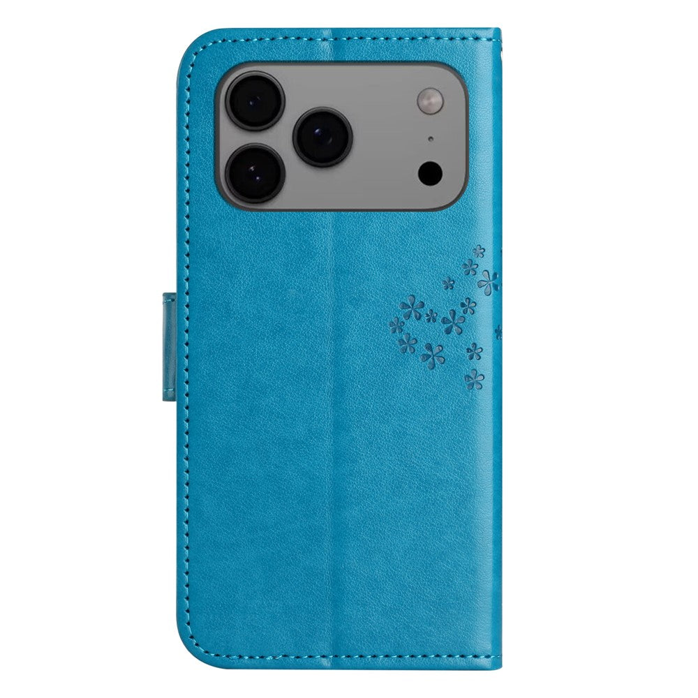 For iPhone 17 Pro Max Case PU Leather Owl Tree Imprinted Wallet Phone Cover with Strap - Blue