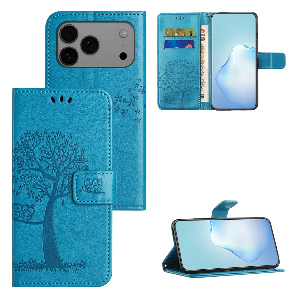 For iPhone 17 Pro Max Case PU Leather Owl Tree Imprinted Wallet Phone Cover with Strap - Blue