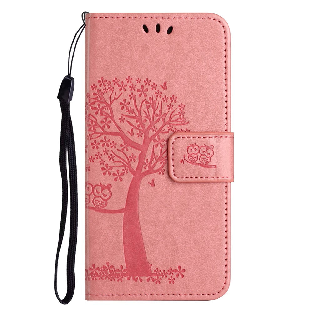 For iPhone 17 Pro Max Case PU Leather Owl Tree Imprinted Wallet Phone Cover with Strap - Pink