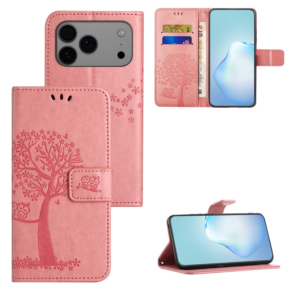 For iPhone 17 Pro Max Case PU Leather Owl Tree Imprinted Wallet Phone Cover with Strap - Pink