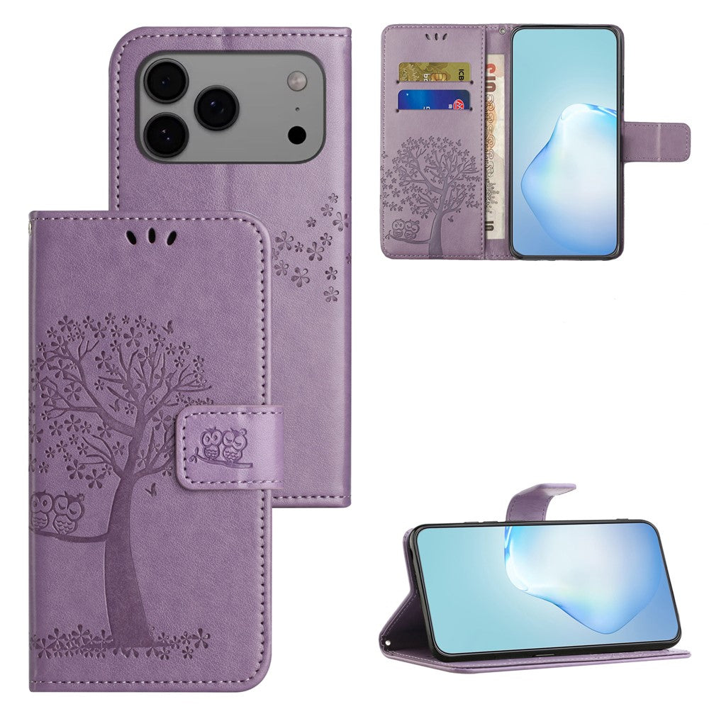 For iPhone 17 Pro Max Case PU Leather Owl Tree Imprinted Wallet Phone Cover with Strap - Purple