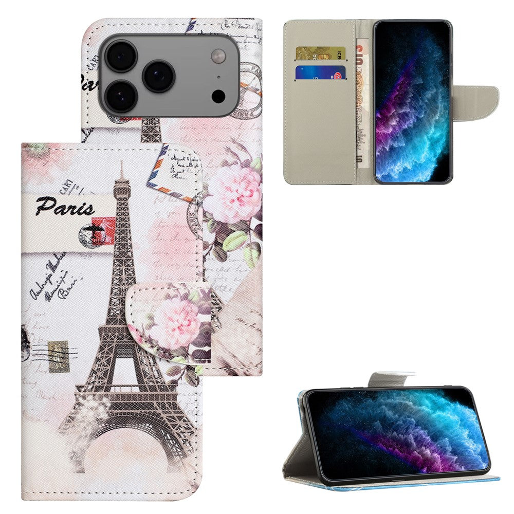 For iPhone 17 Pro Max Case Pattern Printing Cross Texture Leather Phone Cover - Tower
