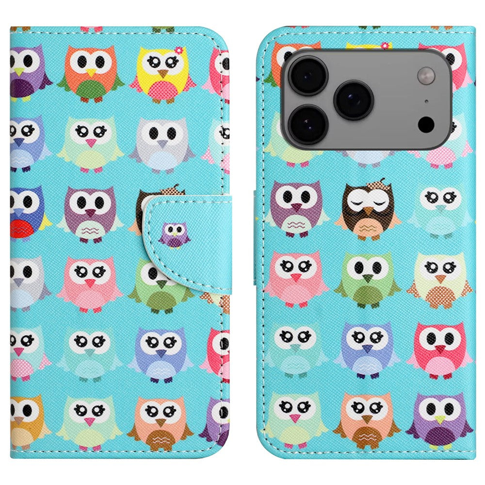 For iPhone 17 Pro Max Case Pattern Printing Cross Texture Leather Phone Cover - Owls