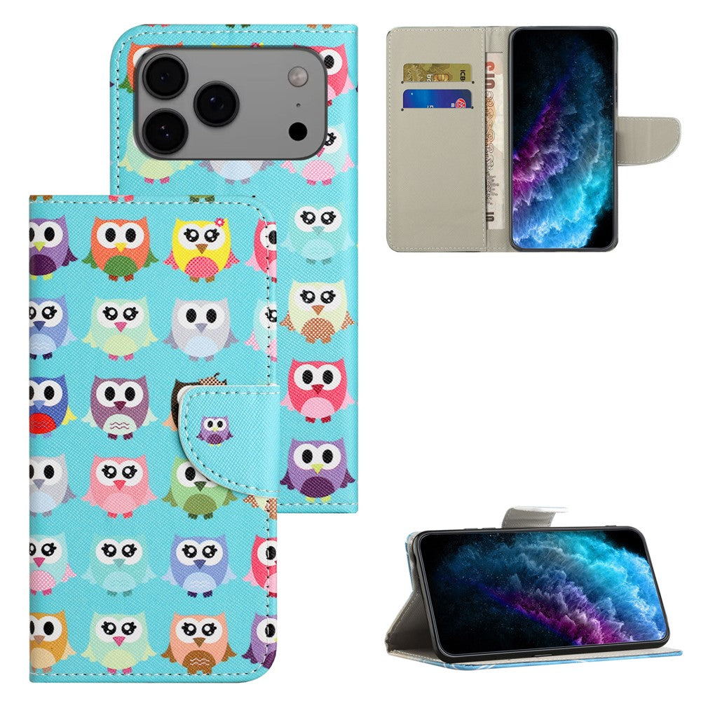 For iPhone 17 Pro Max Case Pattern Printing Cross Texture Leather Phone Cover - Owls