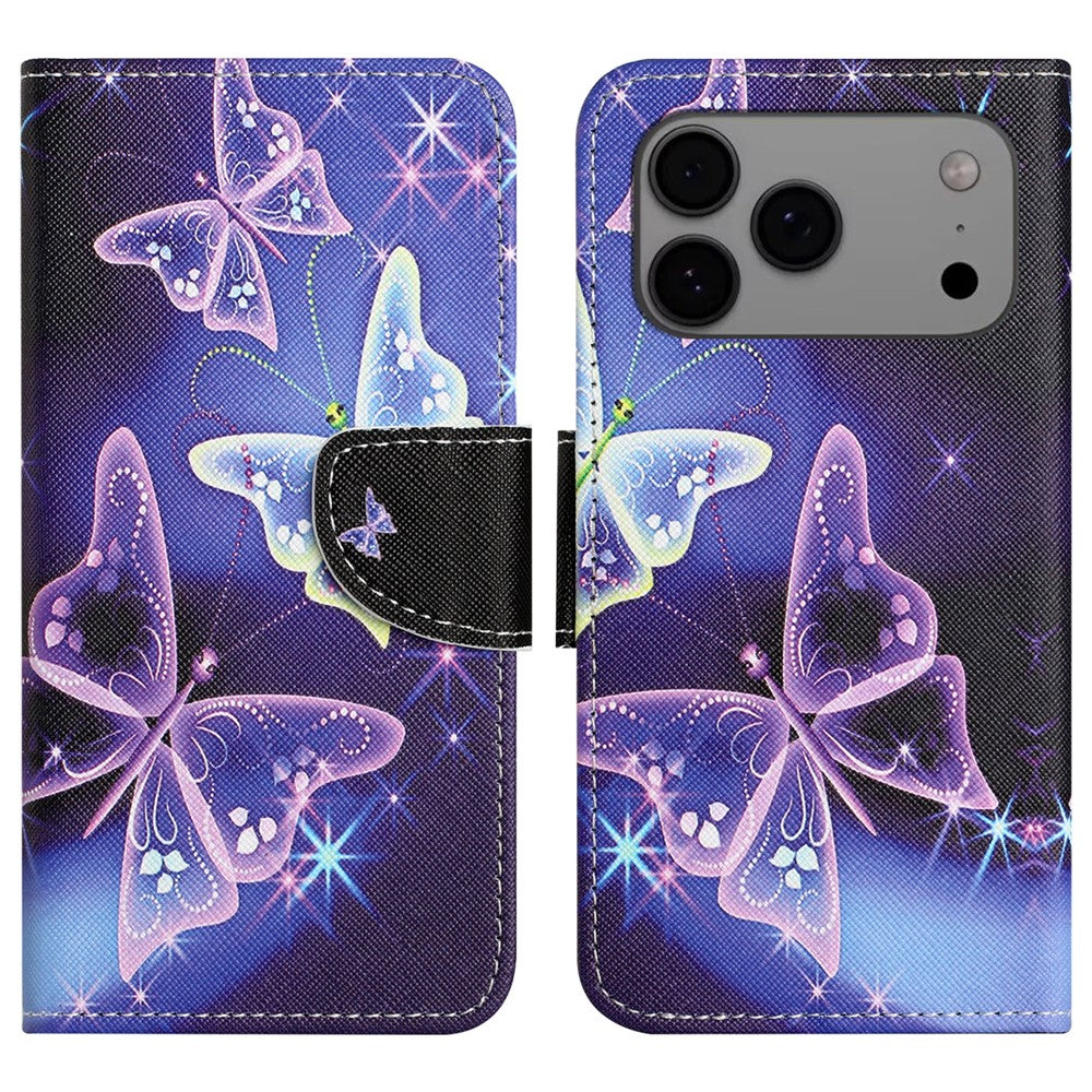 For iPhone 17 Pro Max Case Pattern Printing Cross Texture Leather Phone Cover - Sparkling Butterfly
