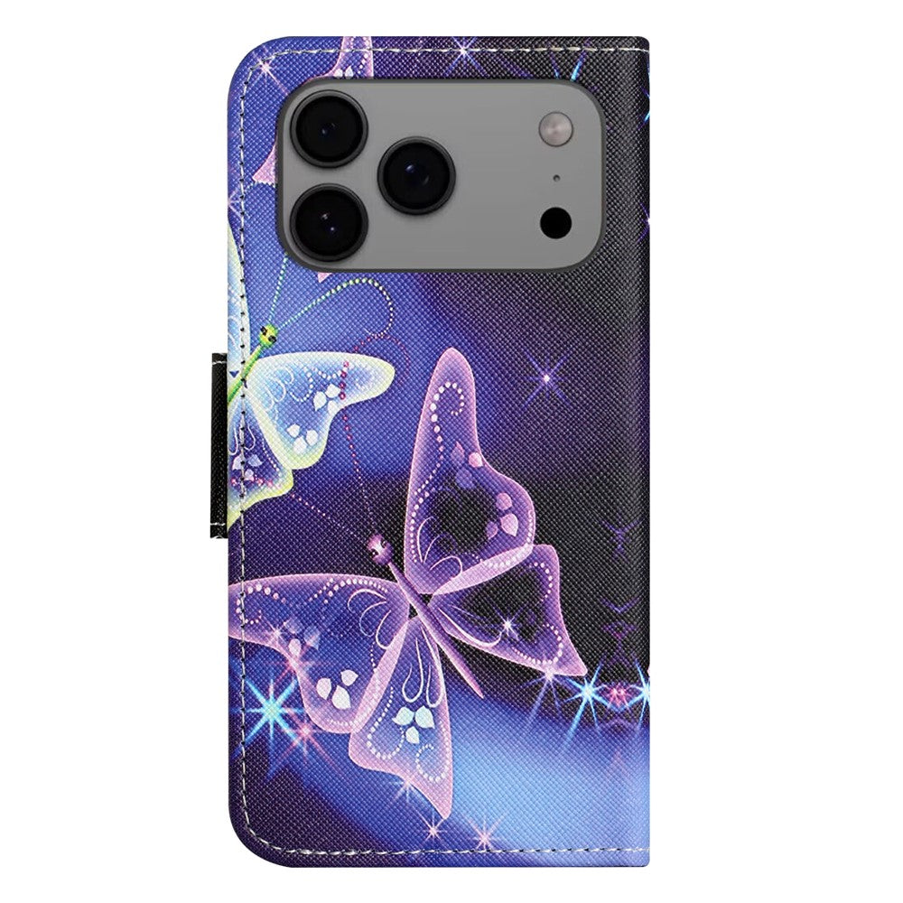 For iPhone 17 Pro Max Case Pattern Printing Cross Texture Leather Phone Cover - Sparkling Butterfly