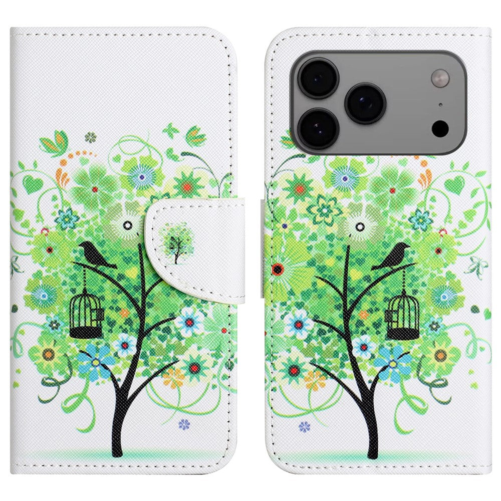 For iPhone 17 Pro Max Case Pattern Printing Cross Texture Leather Phone Cover - Green Tree