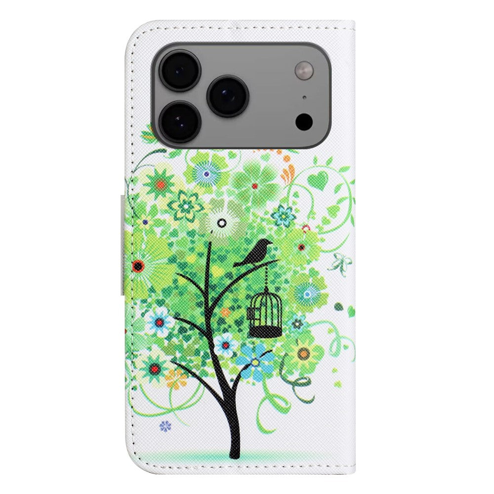 For iPhone 17 Pro Max Case Pattern Printing Cross Texture Leather Phone Cover - Green Tree