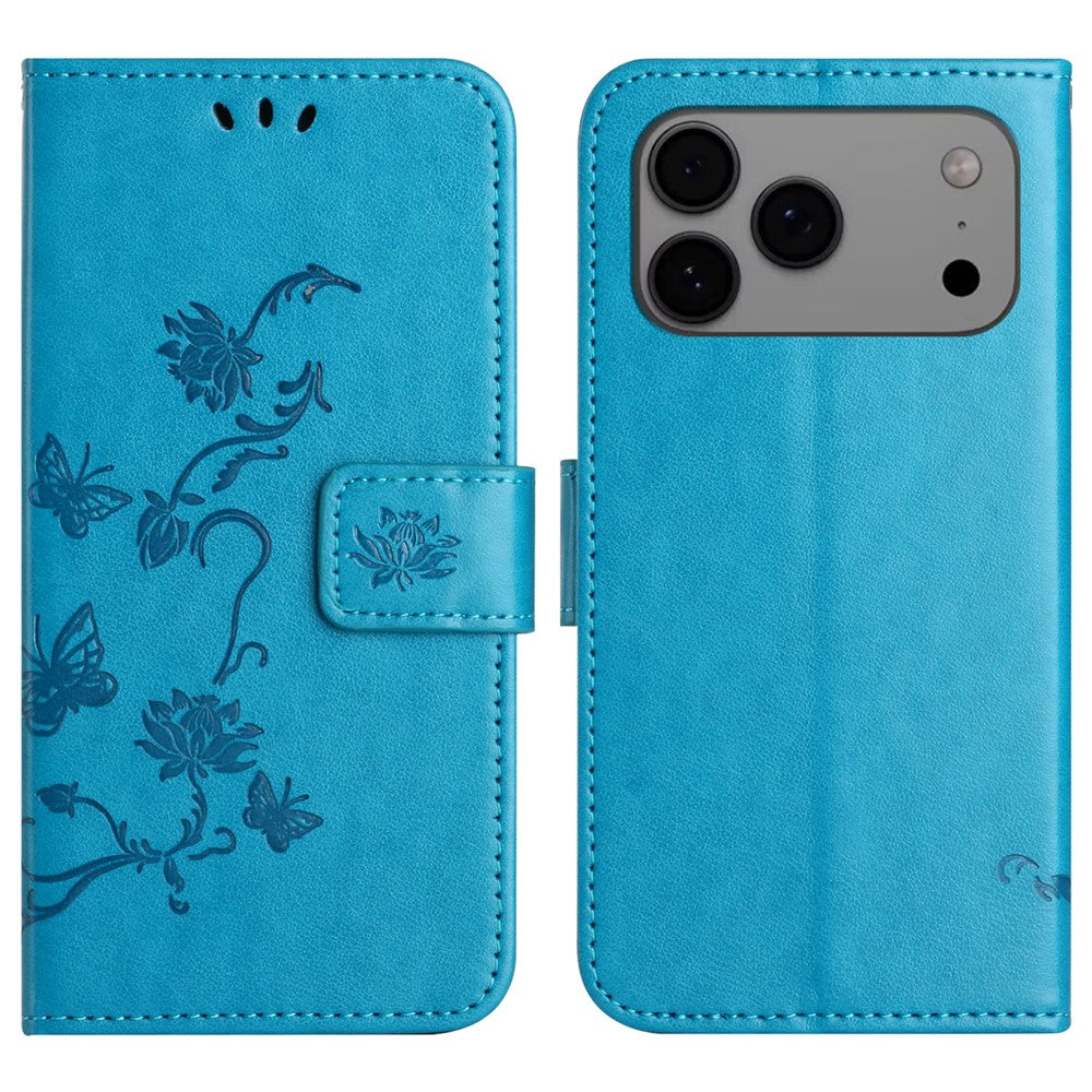 For iPhone 17 Pro Max Case Wallet Stand Imprinted Butterfly Flower PU Leather Phone Cover - Blue