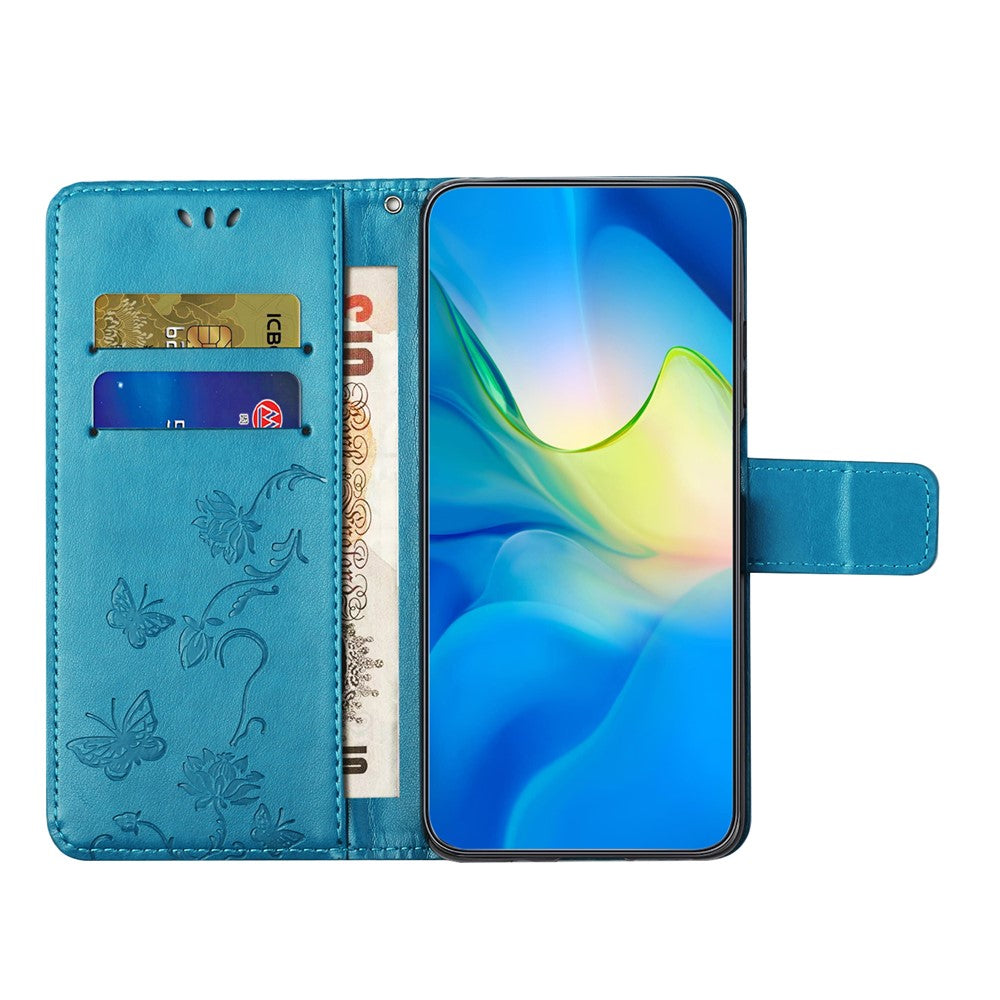 For iPhone 17 Pro Max Case Wallet Stand Imprinted Butterfly Flower PU Leather Phone Cover - Blue