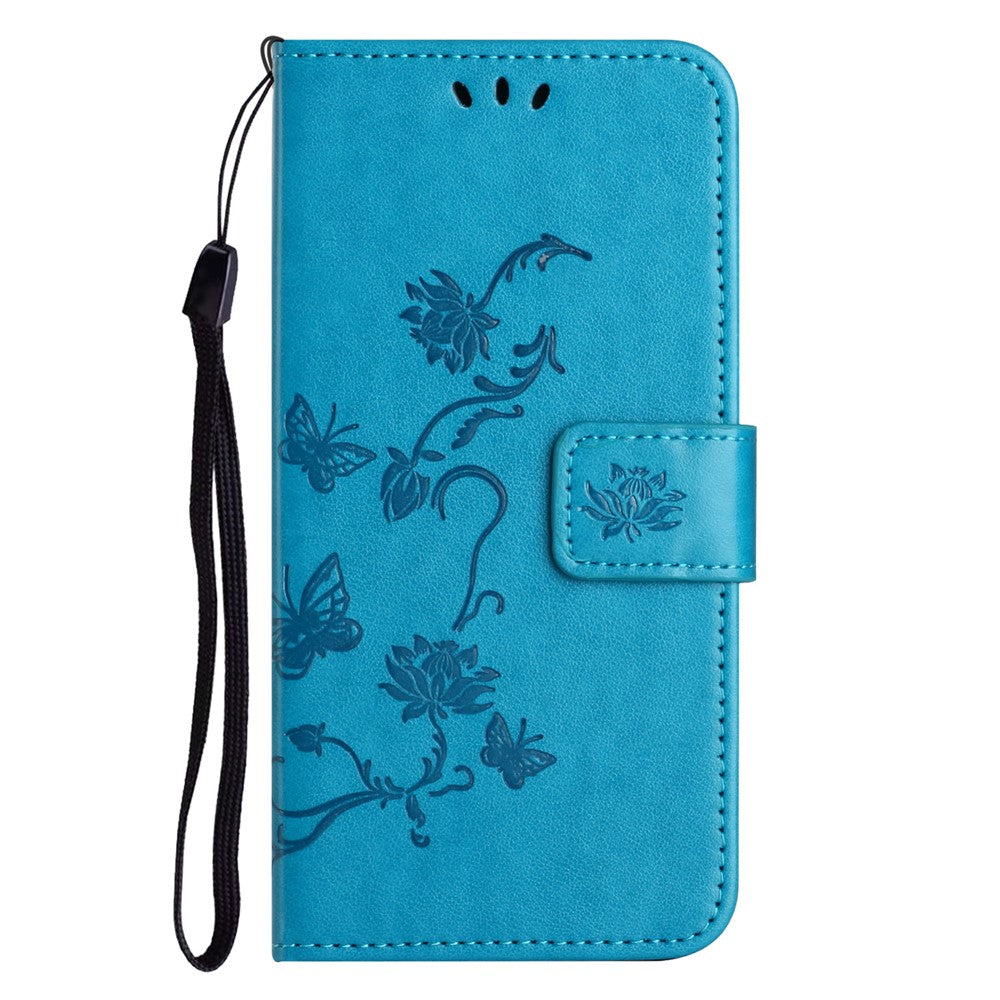 For iPhone 17 Pro Max Case Wallet Stand Imprinted Butterfly Flower PU Leather Phone Cover - Blue