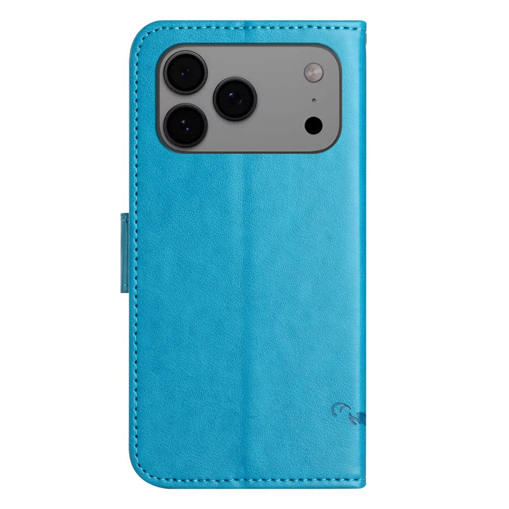 For iPhone 17 Pro Max Case Wallet Stand Imprinted Butterfly Flower PU Leather Phone Cover - Blue