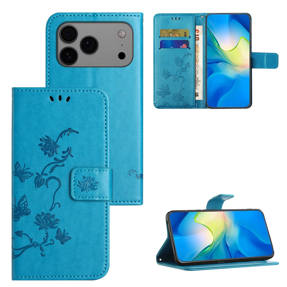 For iPhone 17 Pro Max Case Wallet Stand Imprinted Butterfly Flower PU Leather Phone Cover - Blue