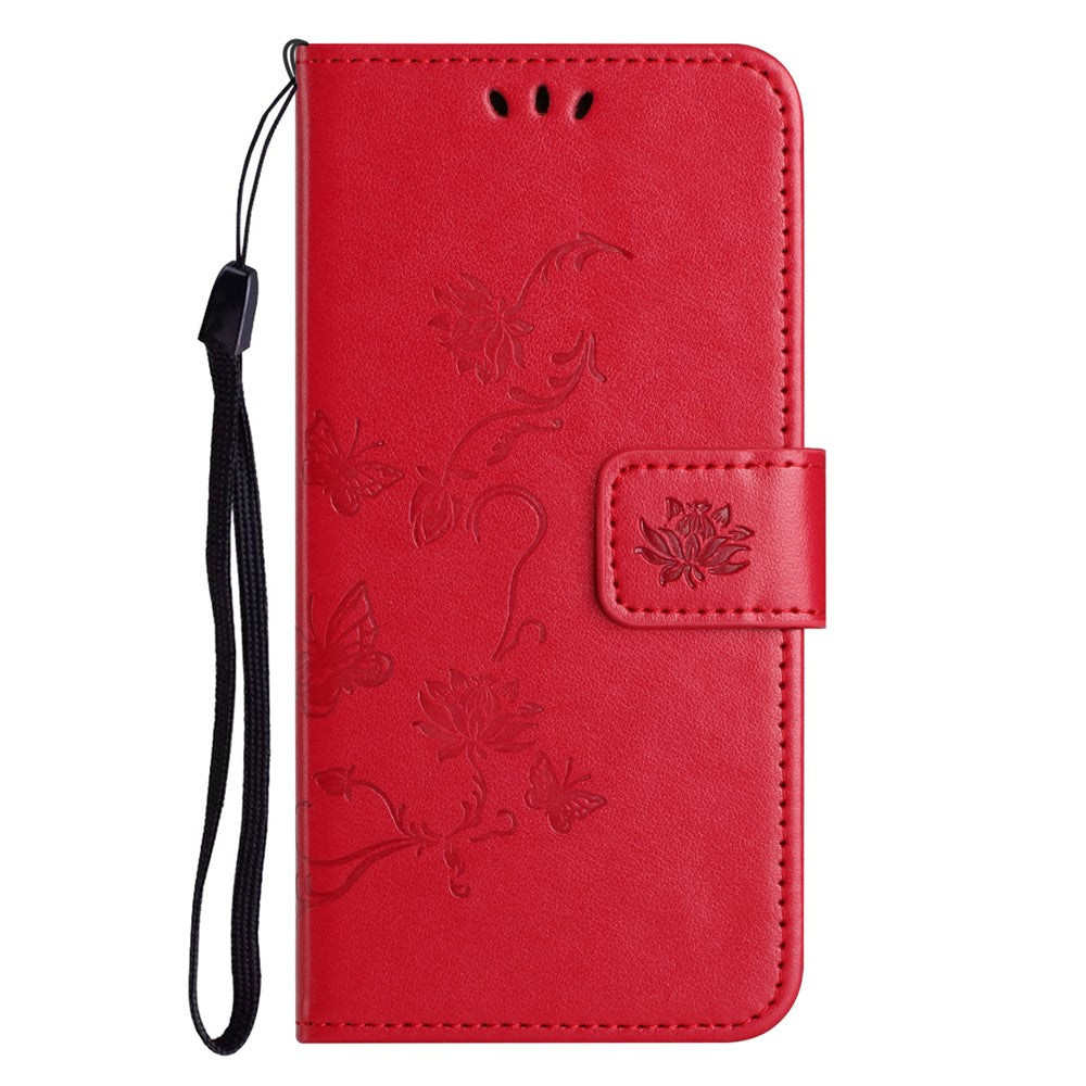 For iPhone 17 Pro Max Case Wallet Stand Imprinted Butterfly Flower PU Leather Phone Cover - Red