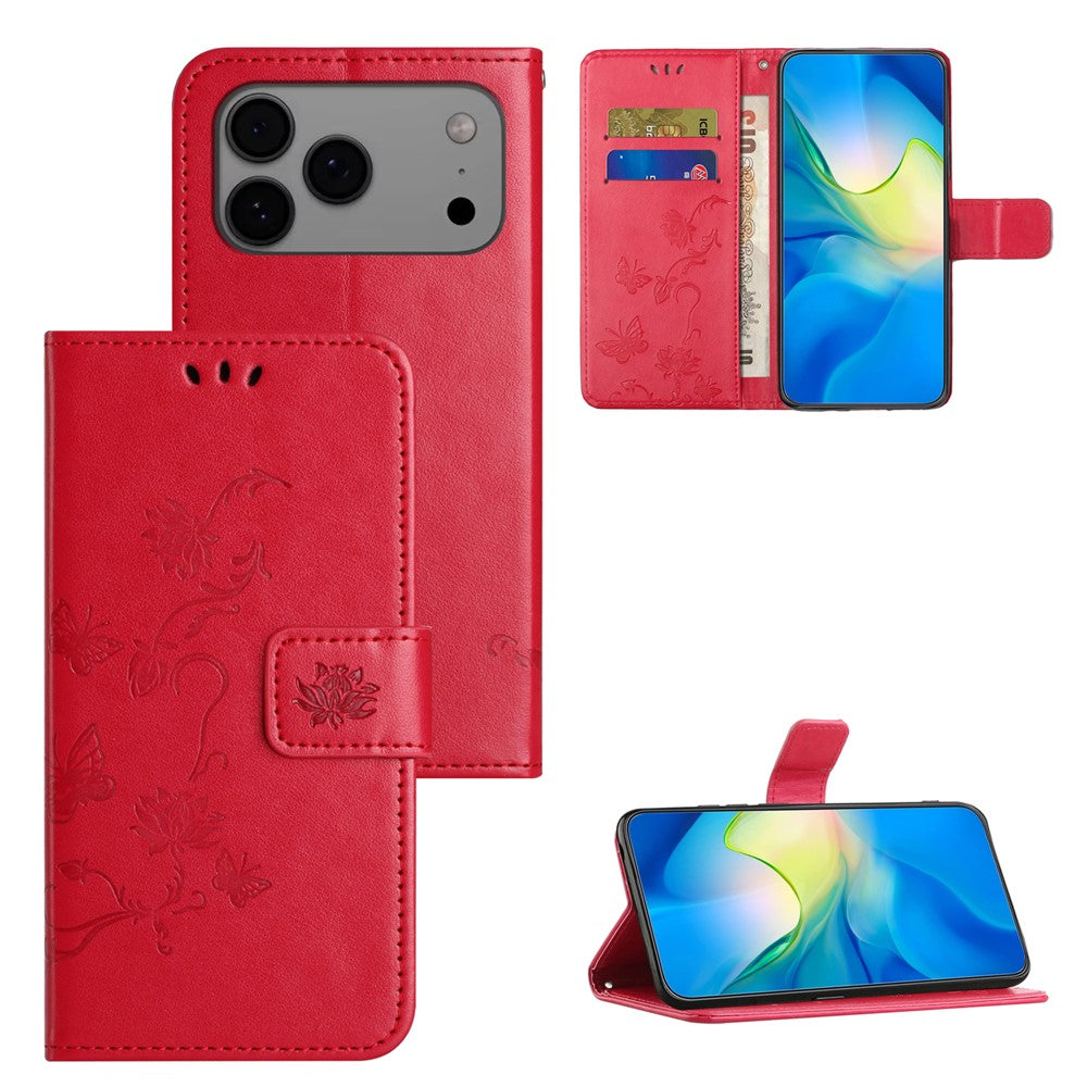 For iPhone 17 Pro Max Case Wallet Stand Imprinted Butterfly Flower PU Leather Phone Cover - Red