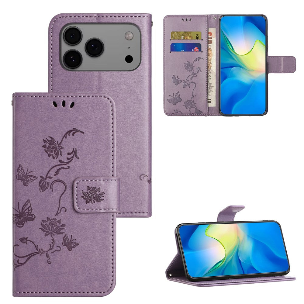 For iPhone 17 Pro Max Case Wallet Stand Imprinted Butterfly Flower PU Leather Phone Cover - Purple