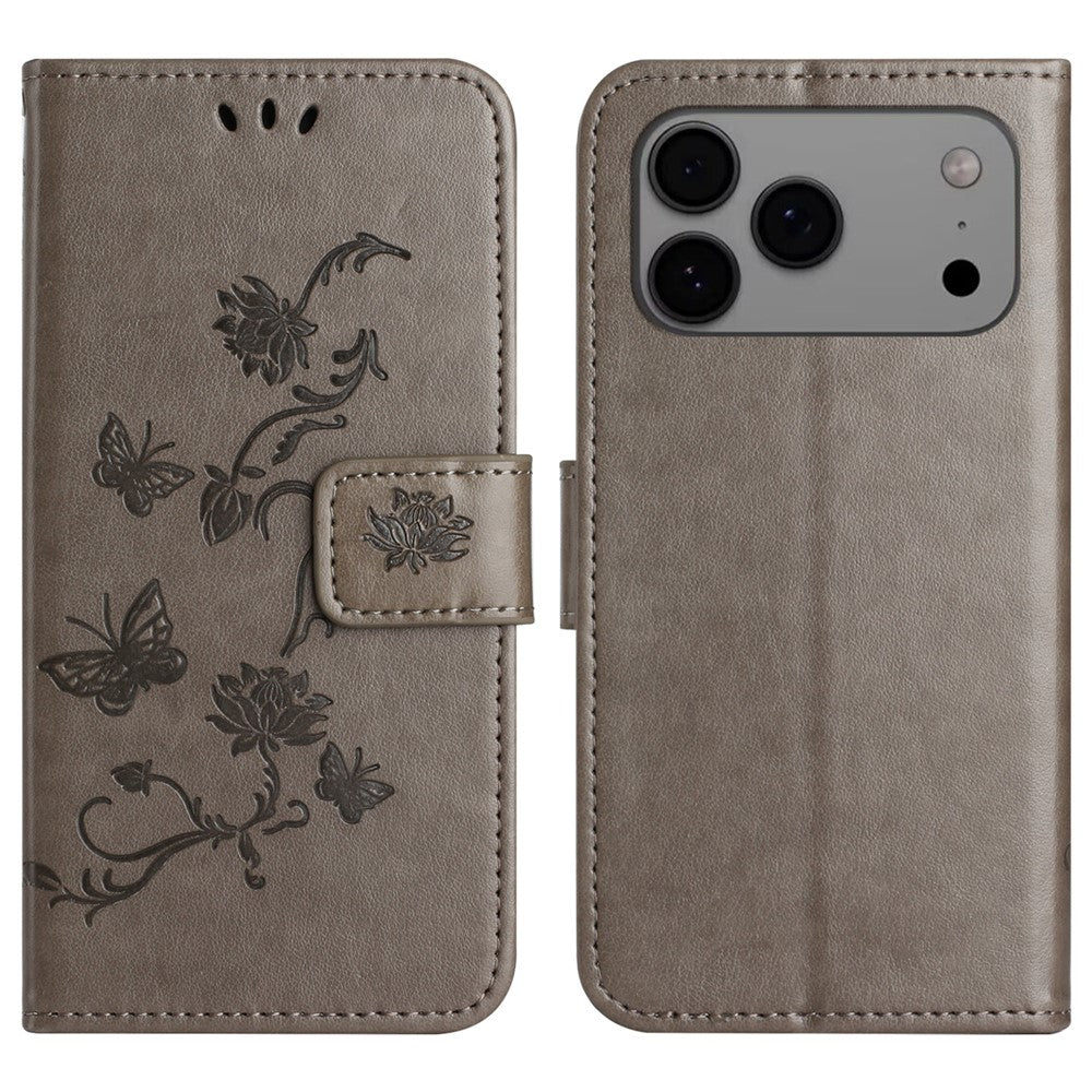 For iPhone 17 Pro Max Case Wallet Stand Imprinted Butterfly Flower PU Leather Phone Cover - Grey