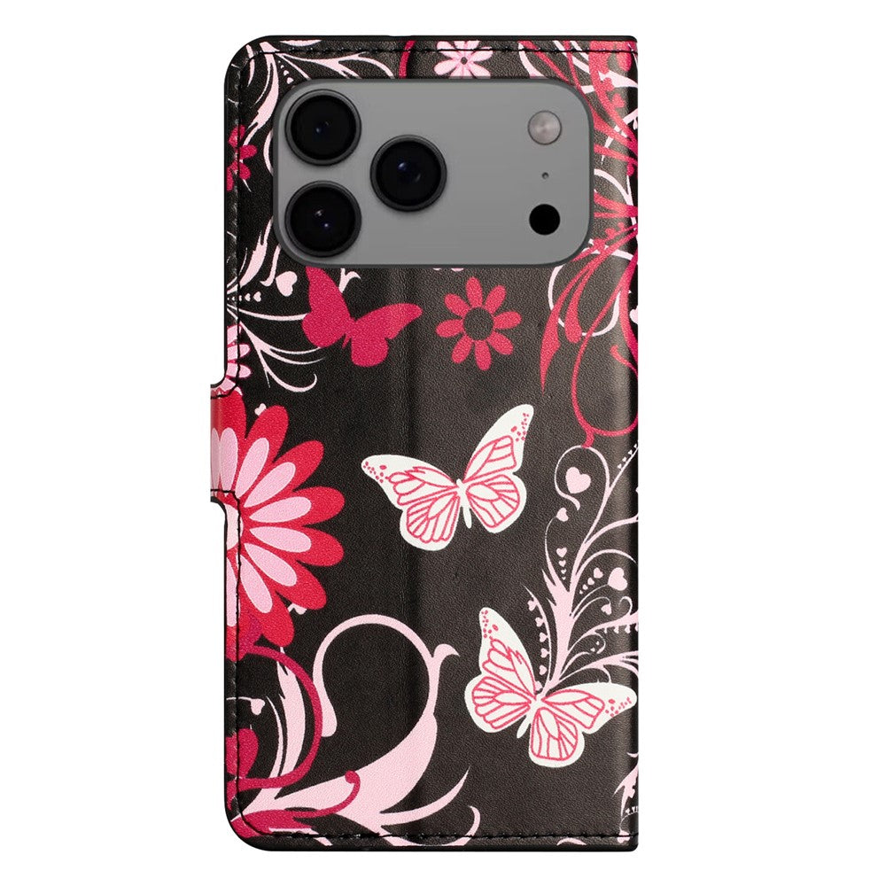 For iPhone 17 Pro Max Case Pattern Print PU Leather Wallet Phone Cover - Black Butterfly